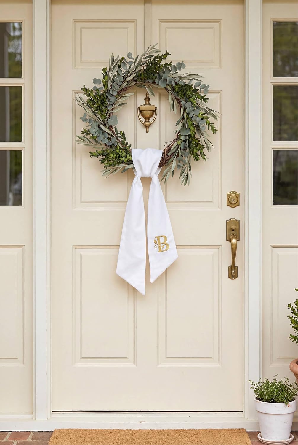 Monogrammed Wreath Sash Letter B for Front Door, Embroidered Gold Initial White Sash, Farmhouse Wedding Holiday Decor, 5 x 55 Inch