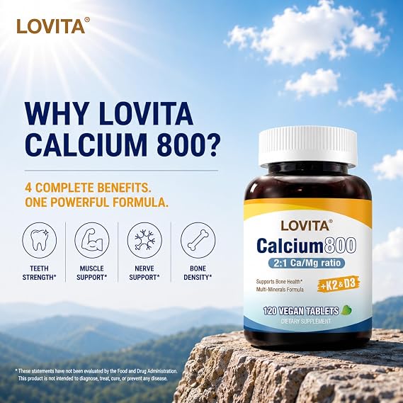 LOVITA Calcium Citrate 800 mg Daily, D3, K2 & Magnesium, 120 Vegan Tablets