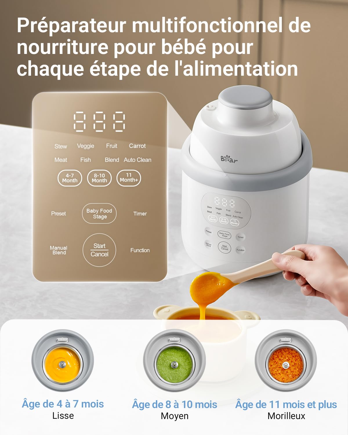 Bear Robot Cuiseur Bébé Multifonctions 10 en 1 NutriEase AllStage en Acier Inoxydable, Cuiseur Vapeur Mixeur OneStep, Cuisson et Mixage Automatiques pour une Alimentation Bébé Maison Saine, Sans BPA