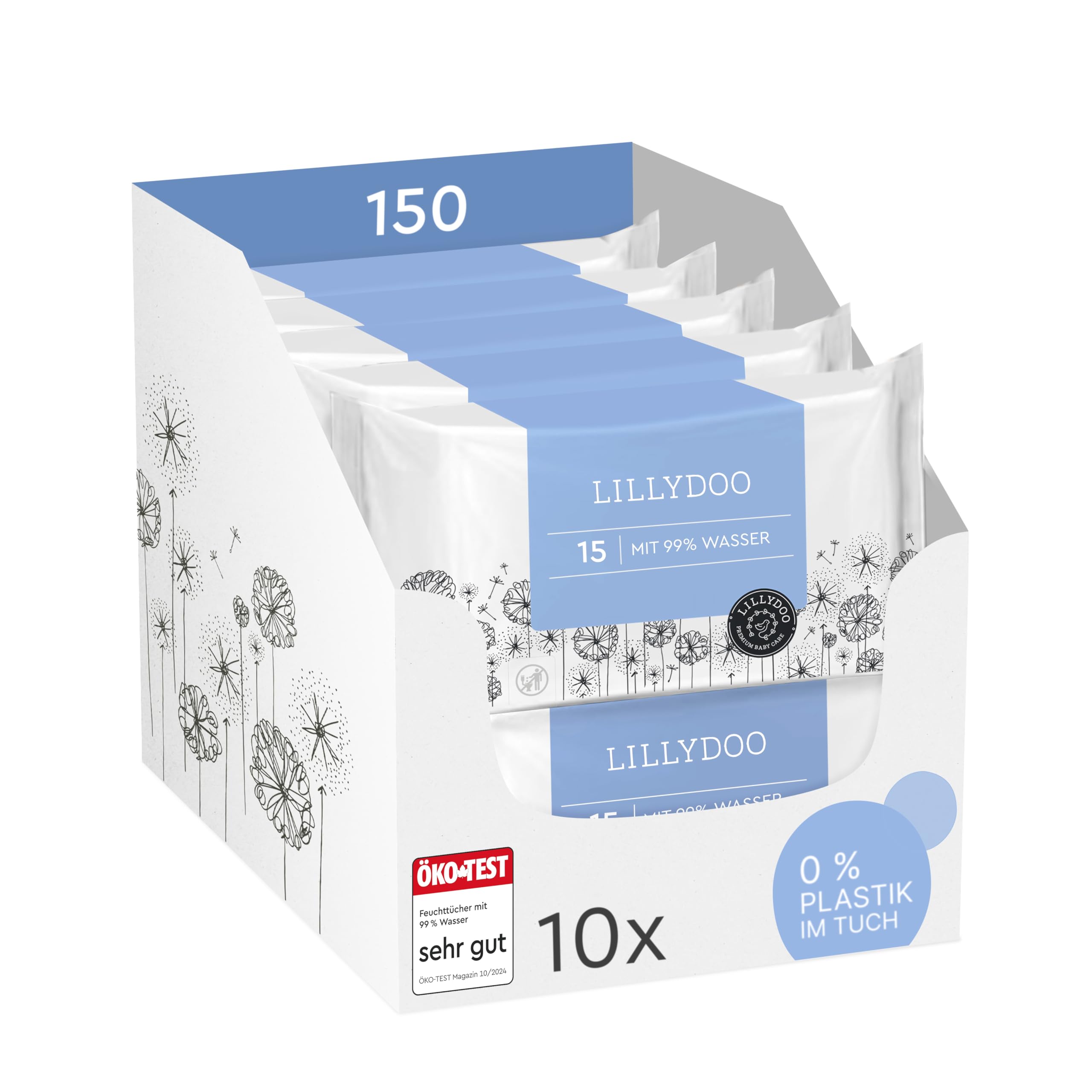 LILLYDOO Baby Feuchttücher mit 99% Wasser, 150 Stück (10 x 15), 100% plastikfreies Tuch, ohne Parfüme & mild wie Watte und Wasser