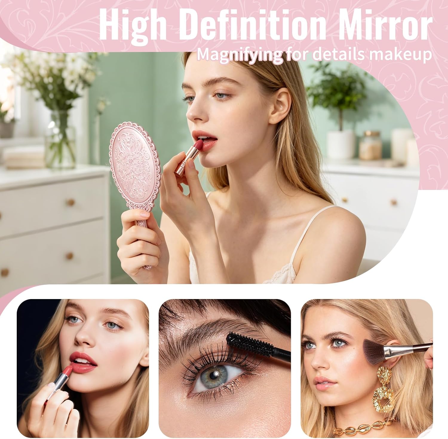 24 Pack Vintage Handheld Mirrors for Makeup, Rose Gold Embossed Floral Portable Princess Mirror with Handle, Decorative Travel Cosmetic Purse Mirror for Women, Party Favors, Classroom