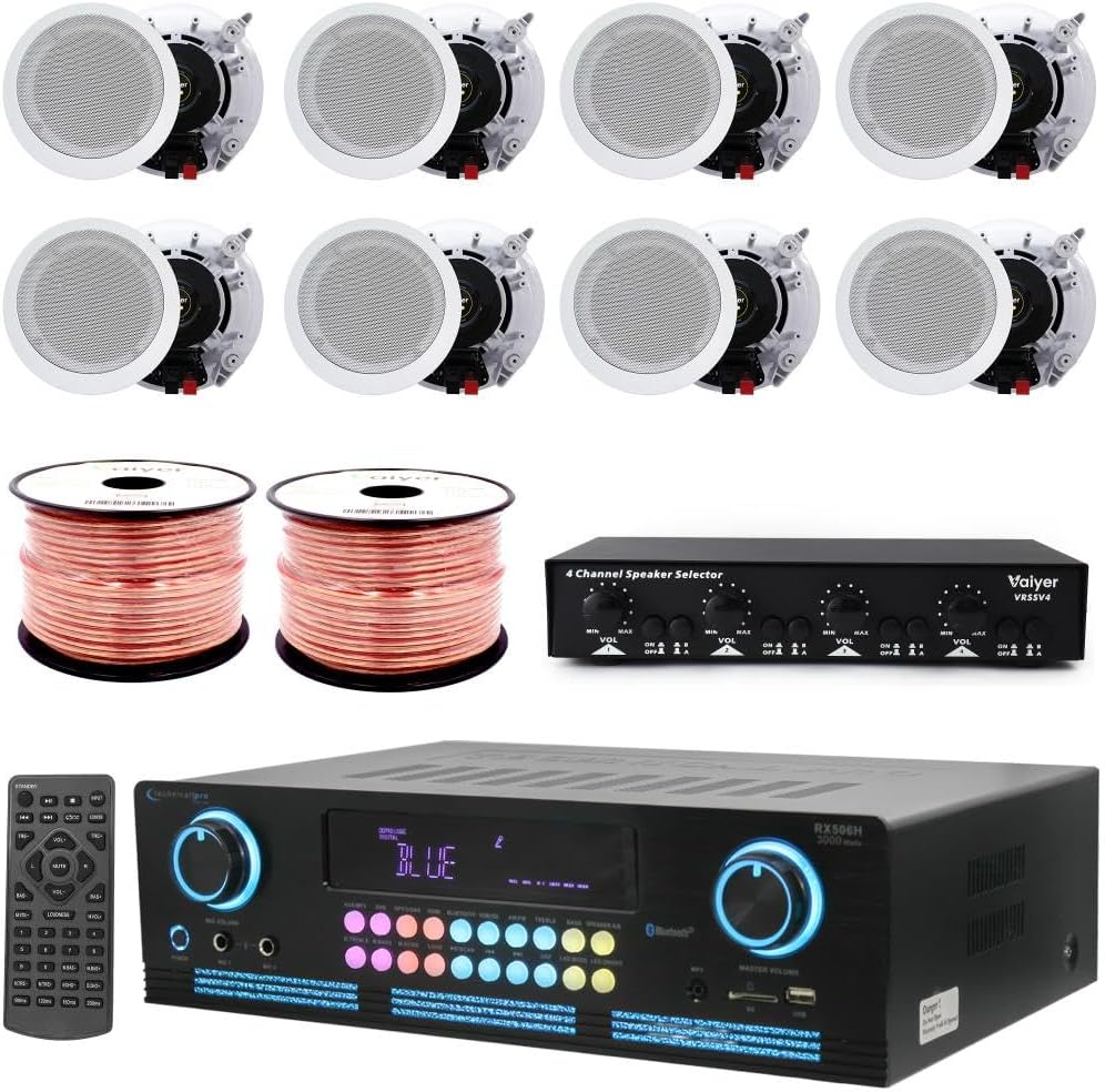 Home Theater System Kit - 2000 W Bluetooth Amplifier w/ 8 Qty of 6.5" Framed Ceiling Speakers 200 W Each, 4-Ch Speaker Selector w/Volume Control, 500 ft Speaker Wire & Remote for Home, Office- Vaiyer