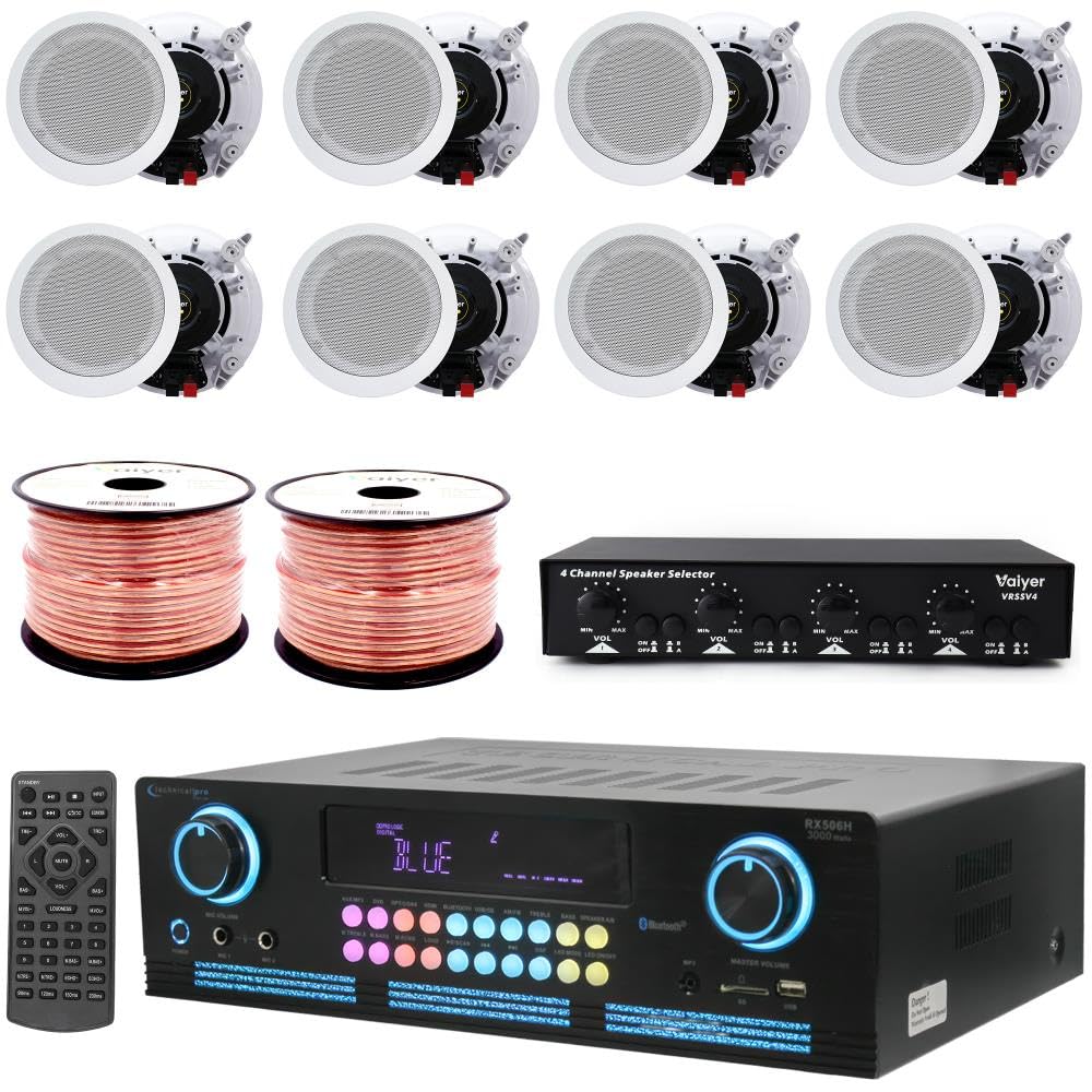Home Stereo System Kit - 2000 W Bluetooth Amplifier w/ 8 QTY of 5.25" Framed Ceiling Speakers 175 W Each, 4-Ch Speaker Selector w Volume Control, 500 ft Speaker Wire &amp; Remote for Home, Office - Vaiyer