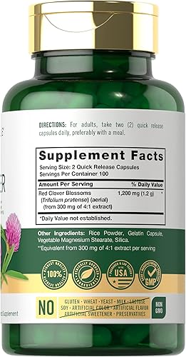 Miniatura 2 de Carlyle Cápsulas de trébol rojo de 1200 mg | 200 unidades | Trifolium Pratense | Sin OMG, sin gluten | Suplemento de extracto de flor de trébol rojo