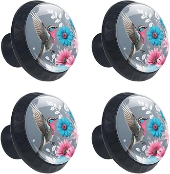 4 Pieces Drawer Knobs Hummingbird Flowers Kitchen Cabinet Knobs Black Drawer Pulls Dresser Knobs, Glass Knobs for Kitchen Cabinet Hardware Bathroom 35MM