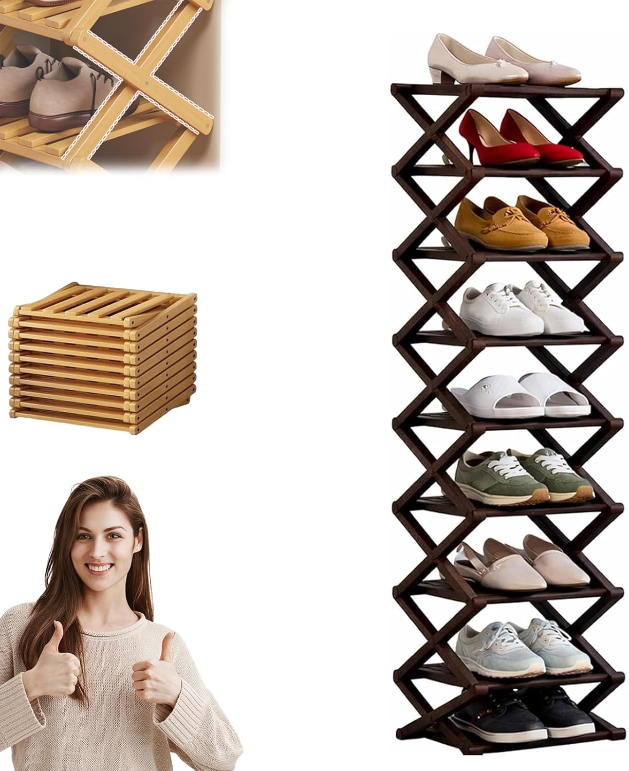 The 9-Tier No-Assembly Bamboo Rack,Foldable Space-Saving Organizer for Shoes,Vertical Shoe Organizer for Small Spaces,No Assembly Narrow Shoe Shelf,for Entryway Closet Dorm,Bedroom (3 Tier,Brown)