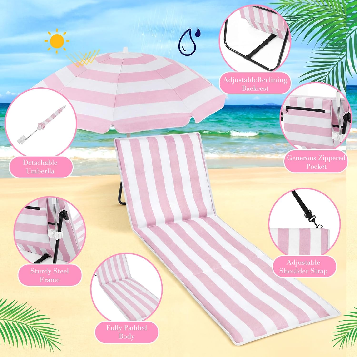 Briwooody 2 Set Beach Chairs with Umbrella Portable Beach Lounger Lightweight Foldable Outdoor Lounger Chair for Outdoor Travel Sunbathing Camping(Stripe Style,Pink,White,Large)