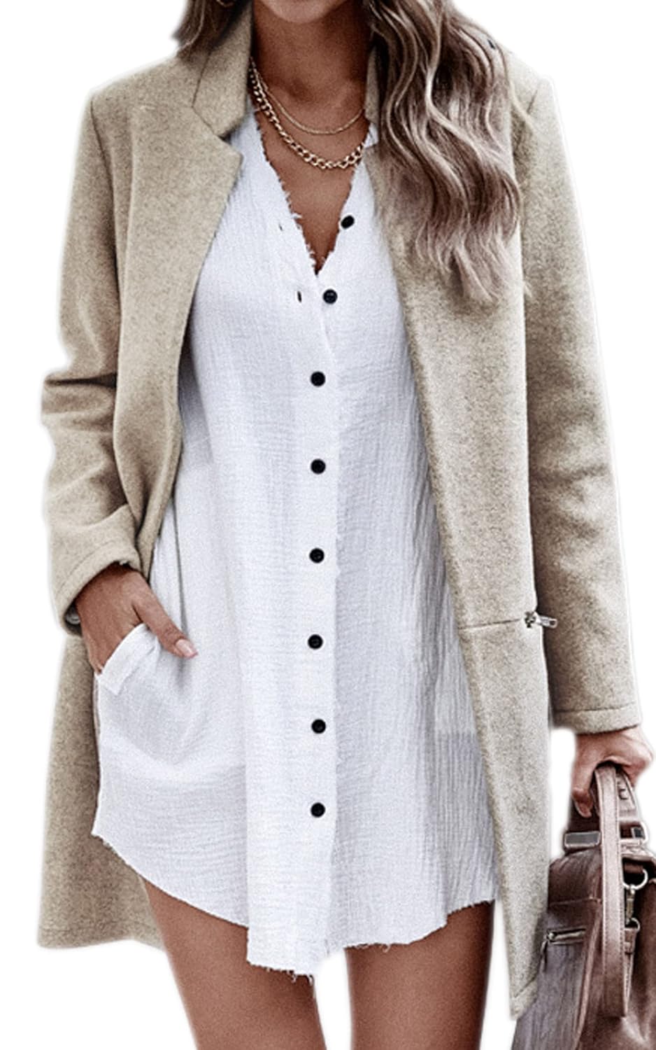 Angashion Womens Coat Long Sleeve Stand Collar Cardigan Mid-Long Open Front Outwear Overcoat with Zipper Pockets