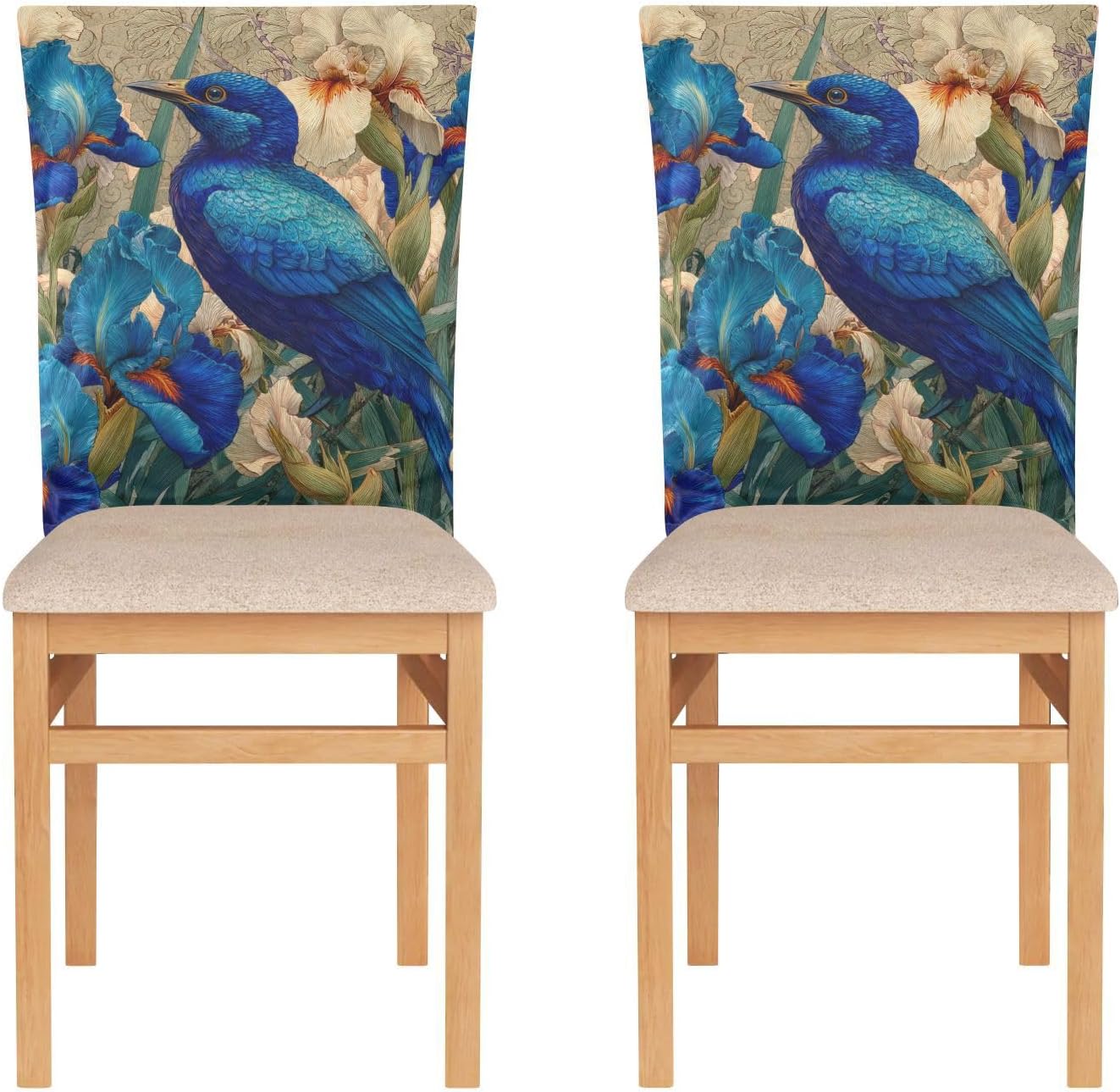 ALAZA Iris Flowers Blue Birds Chair Back Cover Set of 6, Washable Reusable Removable Chair Slipcovers Decorative Chair Cover for Home Kitchen Wedding Party