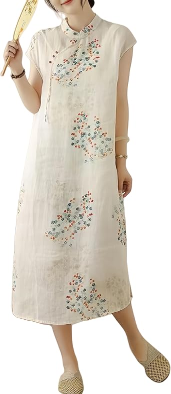 Womens Chinese Traditional Retro Button Color Printed Linen Cotton Short Sleeved Summer Loose and Niche Temperament Dress