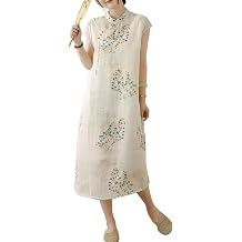 Women's Chinese Traditional Retro Button Color Printed Linen Cotton Short Sleeved Summer Loose and Niche Temperament Dress