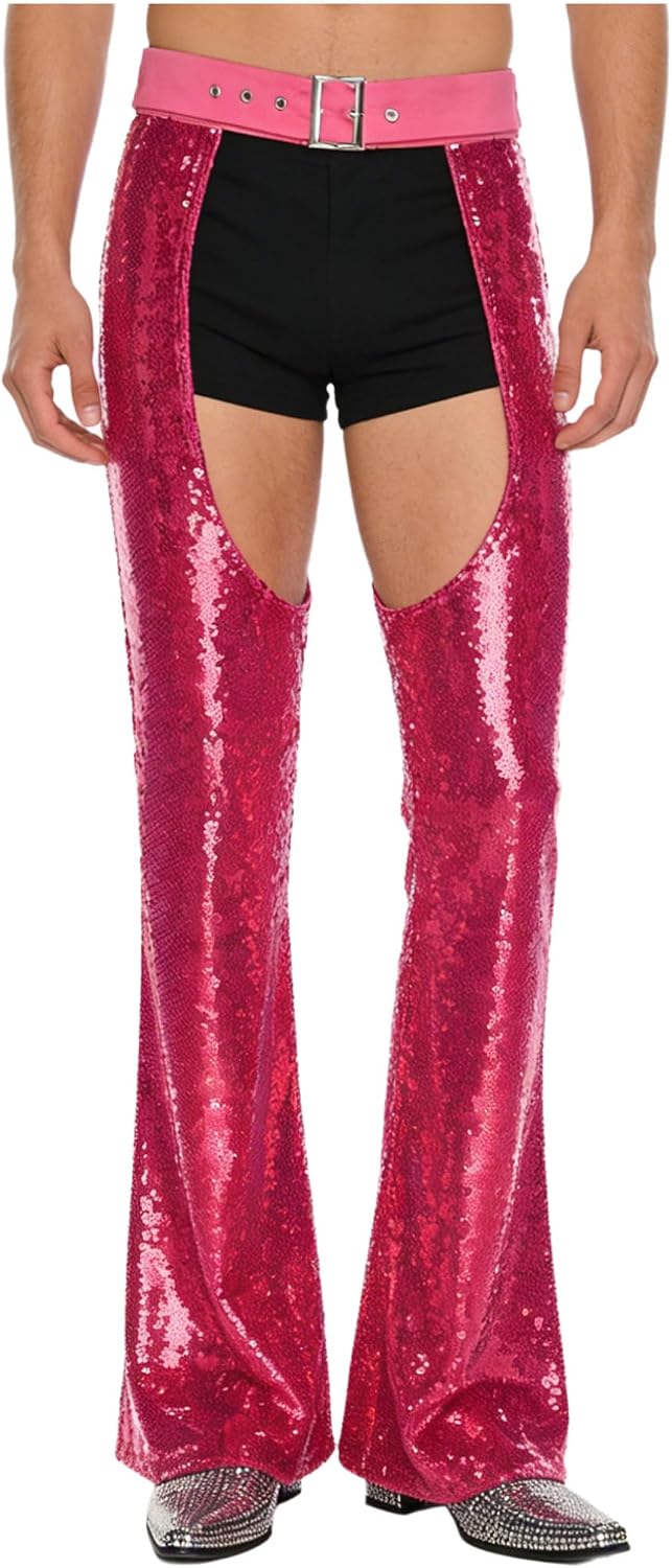Mens Womens Cowboy Glittery Chaps Pants Fancy Dress Adjustable Waist Cutout Sequin Cowgirl Pants
