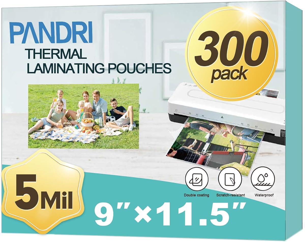 PANDRI 300 Pack Clear Thermal Laminating Sheets, 9 x 11.5-Inch, 5 Mil | Plastic Laminator Sheet, Fits 8.5 x 11 inch Paper Size, Clear, Round Corner, Thermal Laminator Compatible