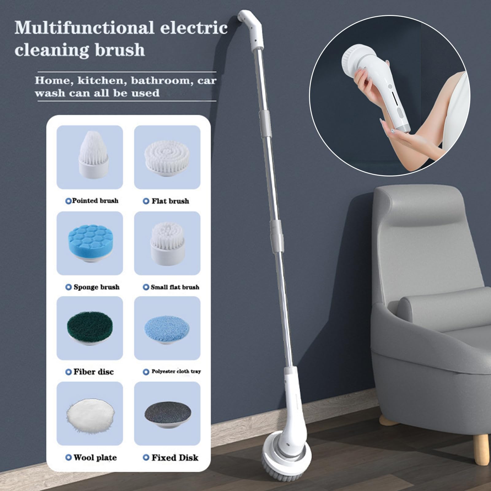 Estropajo eléctrico multifuncional para baño, cepillo de limpieza largo para suelos y paredes