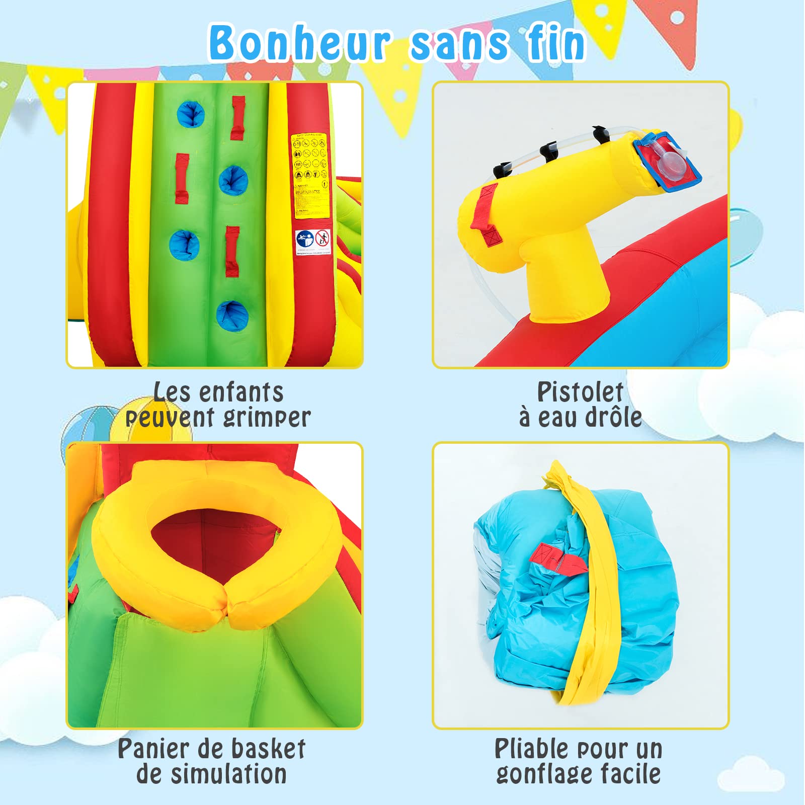 GOPLUS Château Gonflable Géant 370x280x230 Cm – 4 Piquets, Filet De Protection, Toboggan – 3-10 Ans
