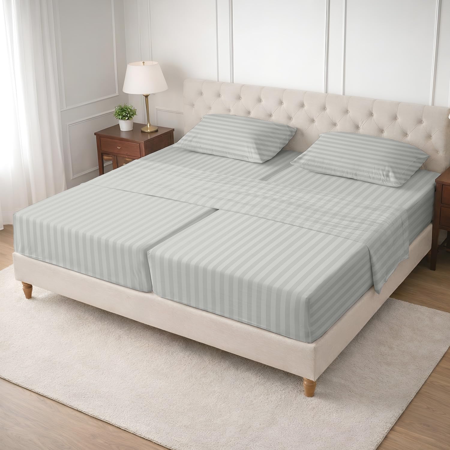 SGI Split King Sheet Set for Adjustable Bed Egyptian Premium Cotton 600 Thread Count Sheet for Sleep Number Bed 15" Deep Pocket 5 Pc Set with 2 Twin XL Fitted Sheets Soft Breathable -Light Grey Stripe