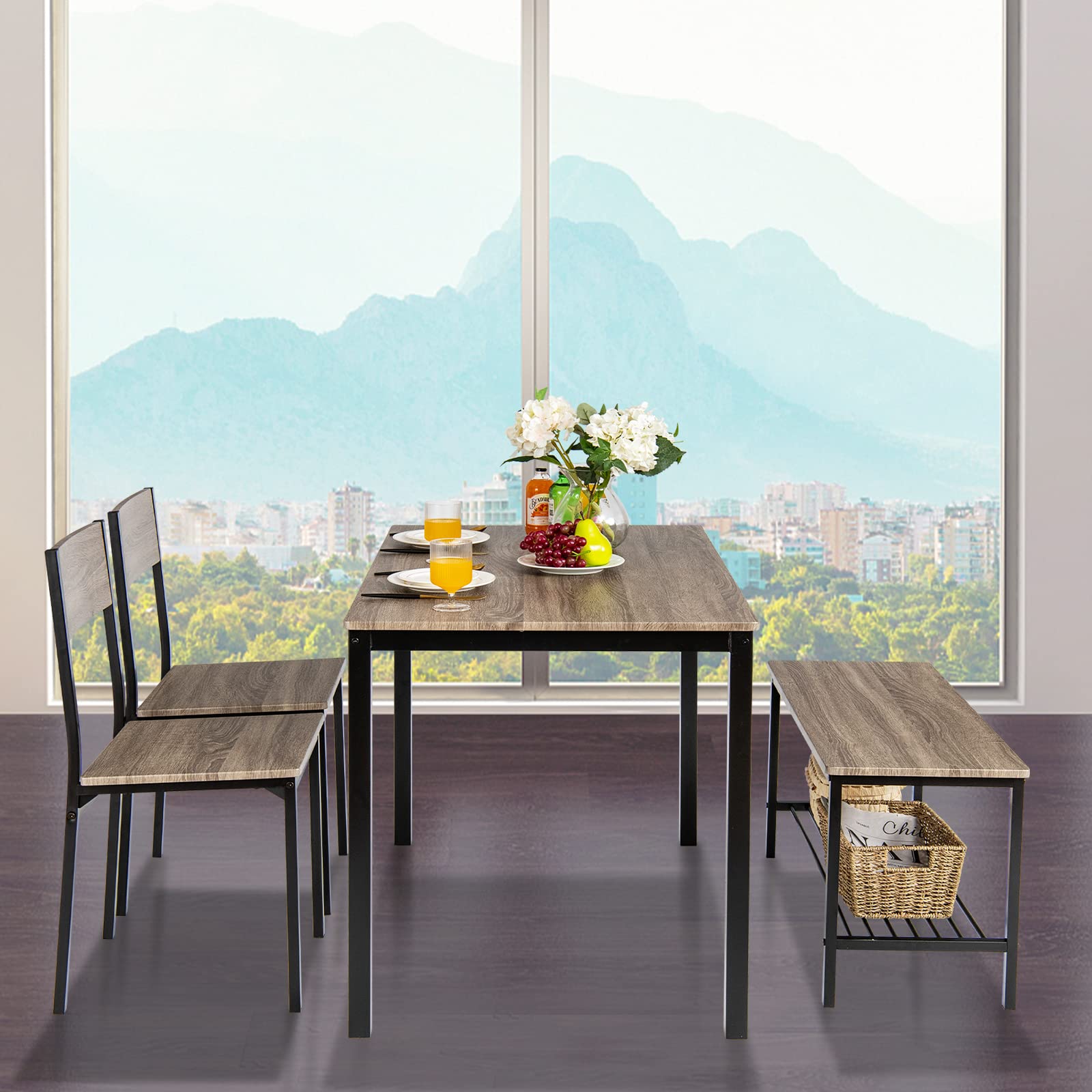 COSTWAY Set Tavolo e Sedie da Cucina 4 Pezzi, Tavolo da Pranzo con 2 Sedie e 1 Panca, Set Mobili da Cucina Salvaspazio con 4 Posti, per Sala da Pranzo e Soggiorno (Rovere grigio)