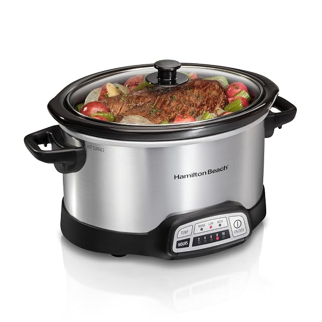 Hamilton Beach 4 Quart Programmable Slow Cooker with Flexible Easy Programming 5 Cooking Times Dishwasher-Safe Crock Lid Silver