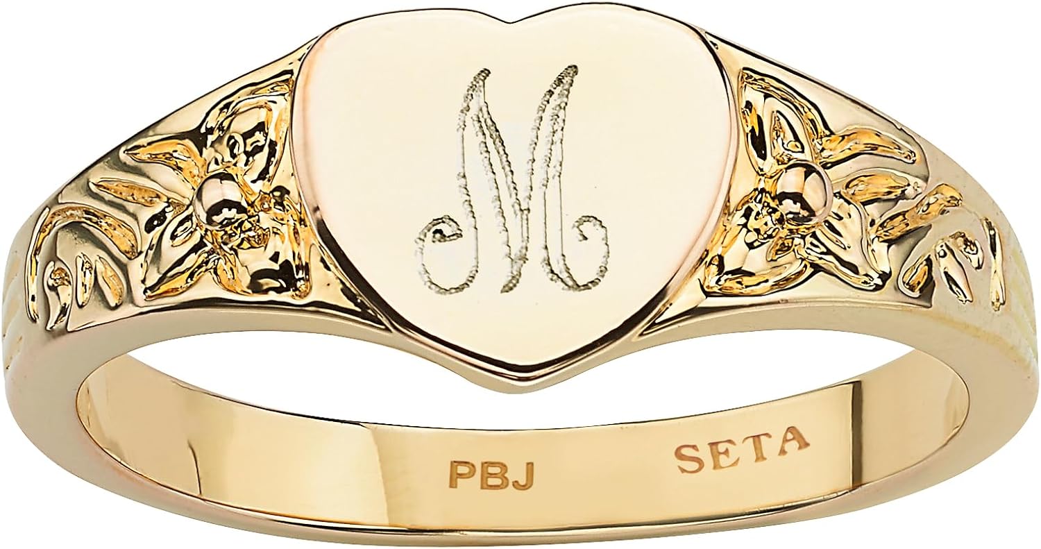 Palm Beach Jewelry 14k Yellow Gold-Plated Personalized Heart-Shaped Signet Initial Ring