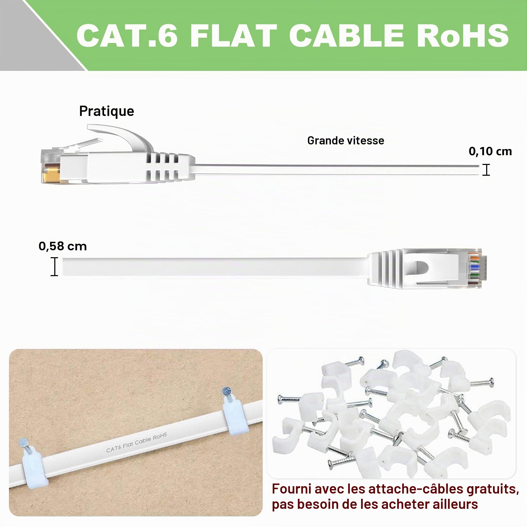 Cable Ethernet 40m, RJ45 40m Câble Réseau Cat 6 Blanc Long Cable Internet Haut Débit 10/100/1000Mbps 250MHz, Plat Gigabit Câble LAN Extérieur Intérieur Imperméable pour Routeur Switch Modem (40 Clips)