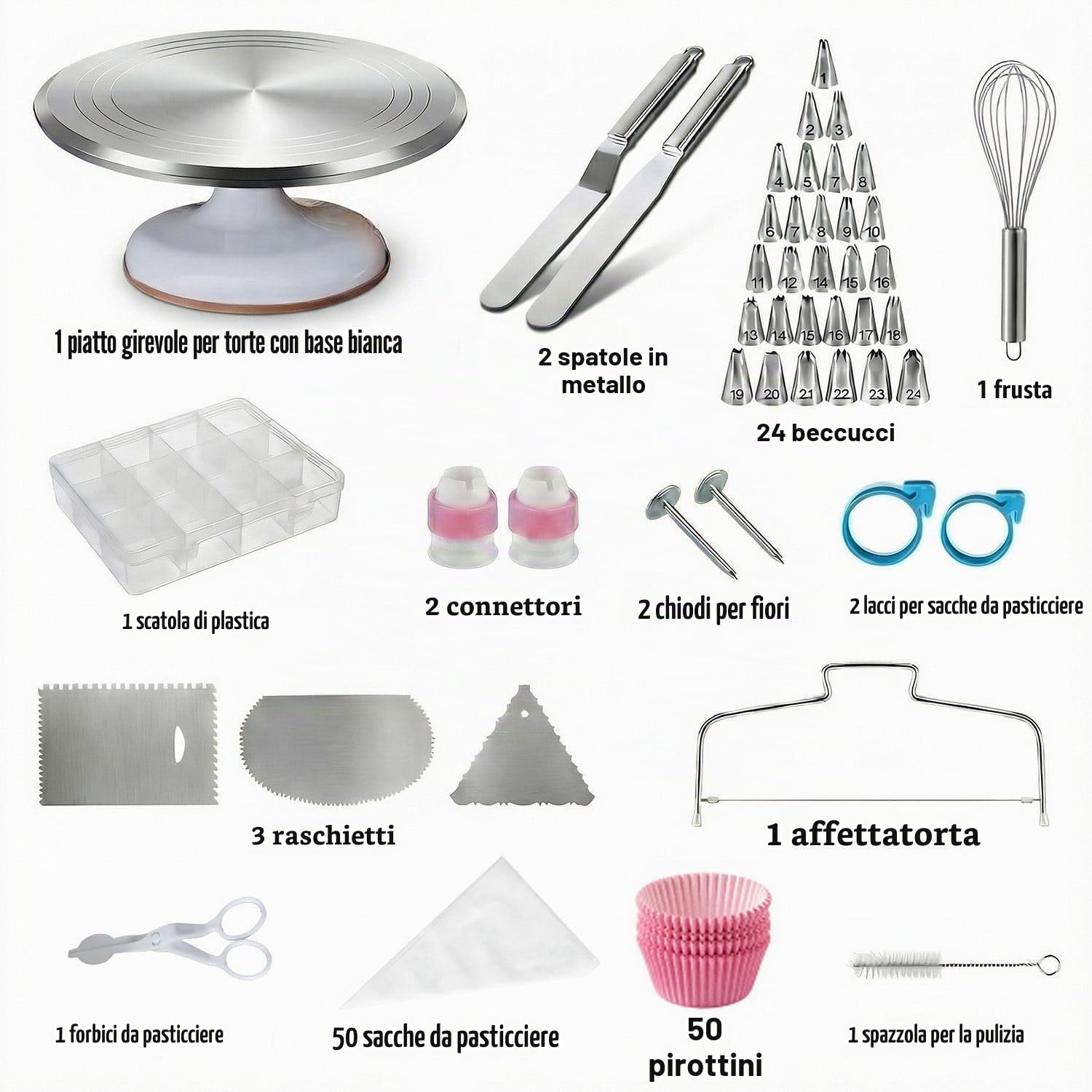144 Pezzi Kit Pasticceria Professionale con Vassoio Rotante in Lega di Alluminio - Set Utensili da Pasticceria per Adulti, Principianti e Adolescenti