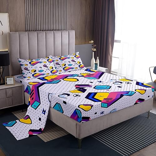Juego de sábanas de estilo moderno de los años 80 y 90, tamaño Queen, patrón retro de estilo Memphis con formas geométricas, sábanas para niños,