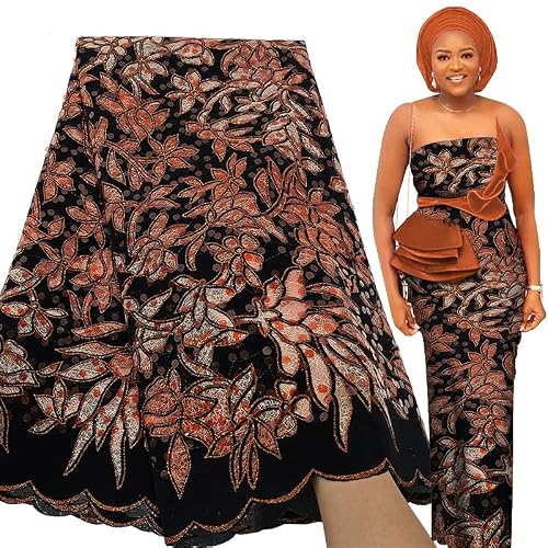 Bestway Fashion Sequins Embroidery Velvet African Lace Fabric 5 Yards French Net Lace Fabric Nigerian Party Style Sewing Material (Peach)