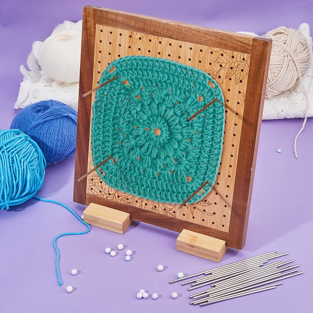 SUPERFINDINGS Crochet Blocking Board with 30 Rod Pins Handcrafted Knitting Wooden Crocheting Accessories 11x10Inches Square Blocking Boards with 2 Based Crochet Gift for Knitting Crochet Projects