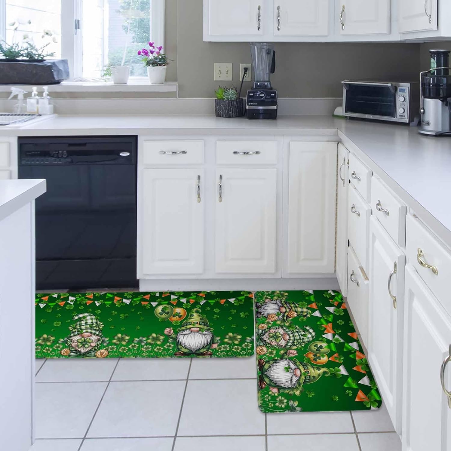 St. Patrick's Day Kitchen Rugs and Mats Set of 2, Non-Slip Kitchen Sink Mat, Spring Shamrock Gnomes Balloons Flag Green Washable Doormat Bathroom Rugs Runner for Bedroom 15.7"x23.6"+15.7"x47.2"