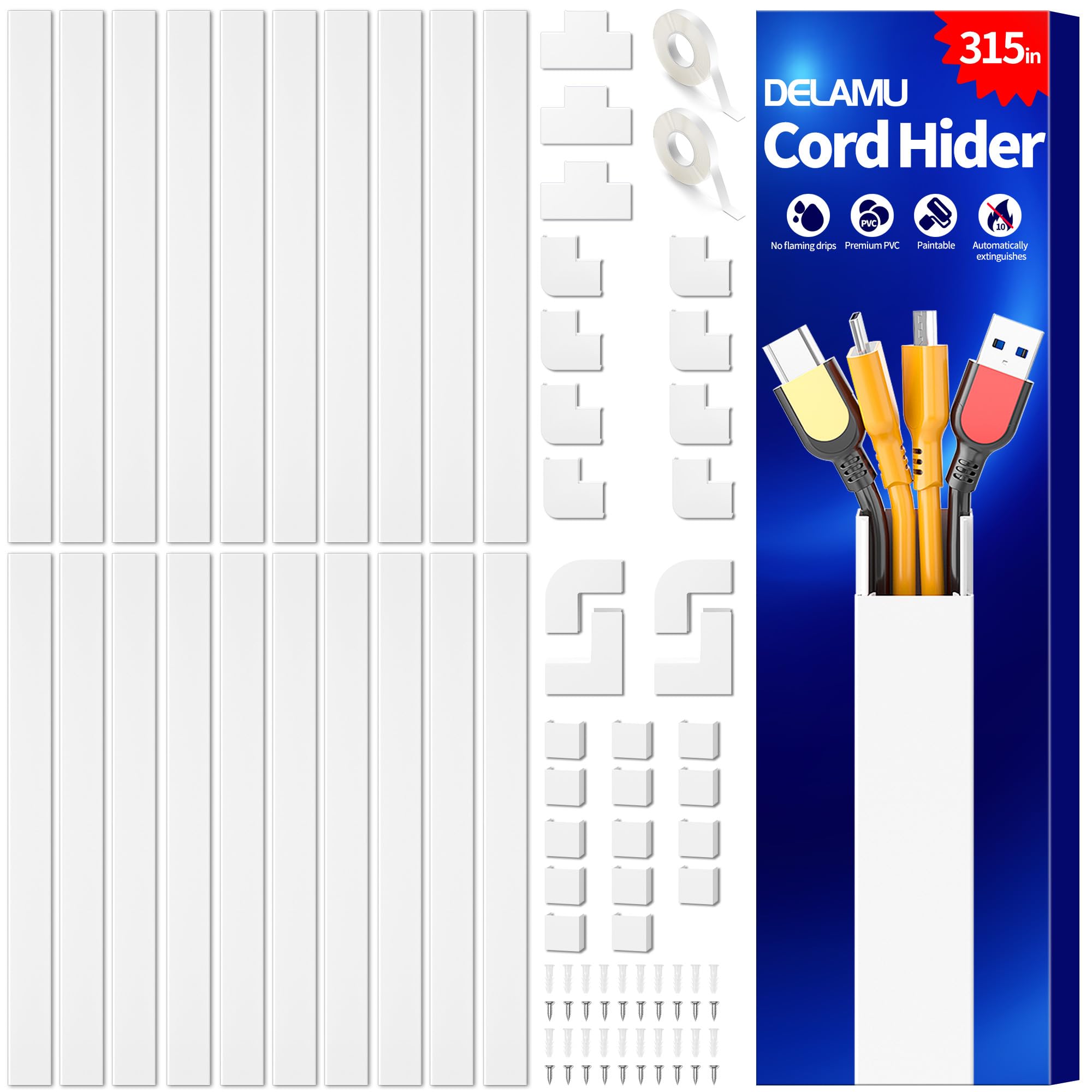 Delamu 4M Canaleta Cables Pared Adhesivo, Canaletas para Cables Autoadhesivas, Cubre Cables y Organizador para TV, PC y Oficina, Fácil Instalación en Pared, 10 Piezas, 400 x 30 x 17 mm, Blanco