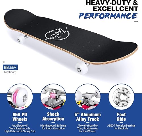 Miniatura 5 de BELEEV Patinetas para principiantes, 31 x 8 pulgadas, patineta completa para niños, adolescentes y adultos, 7 capas de arce canadiense doble patada