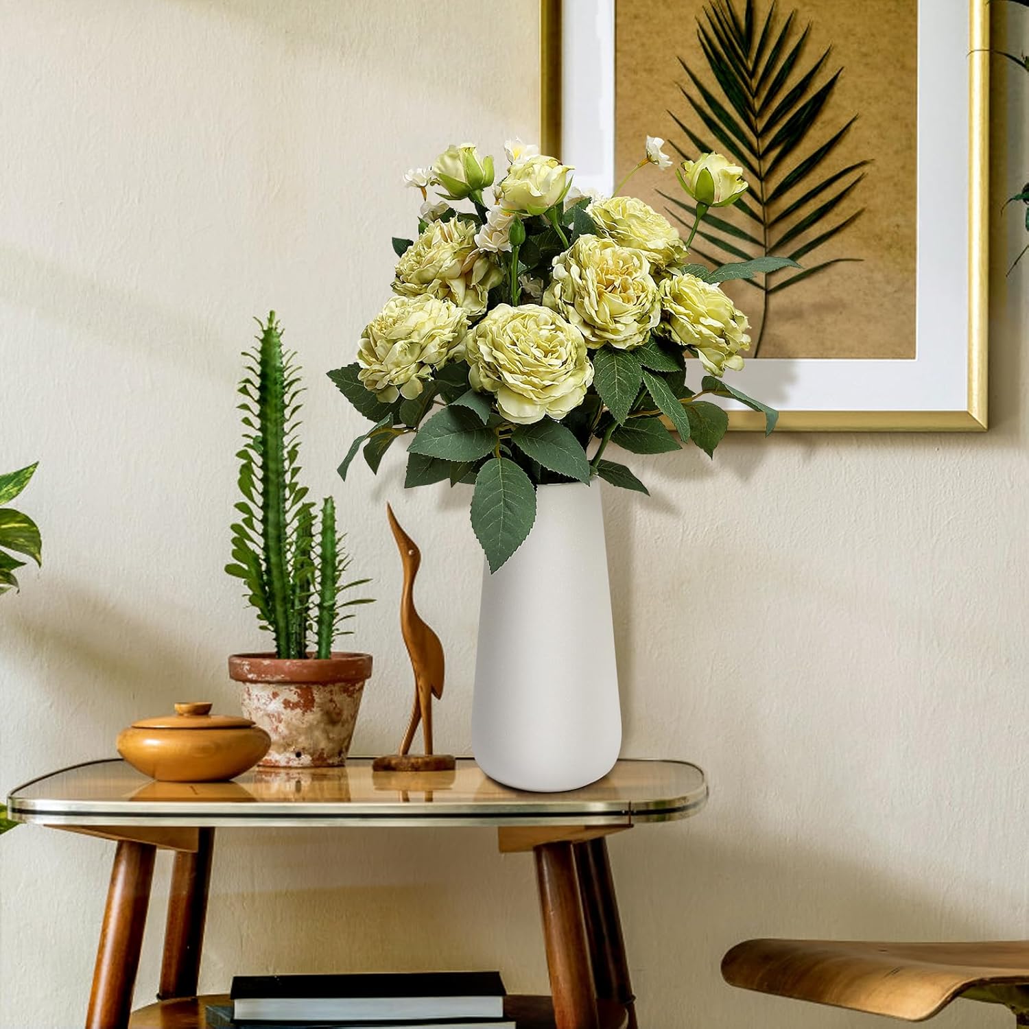 Fake Flowers in Vase, 16 Inch Silk Flower Arrangements with Ceramic Vase Artificial Rose Peony for Home Office Kitchen Bathroom Indoor Decor - Sage Green