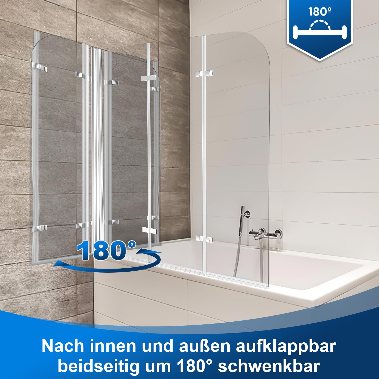 Mampara de ducha plegable para bañera, 120 x 140 cm, 3 piezas, cristal de seguridad de 6 mm, accesorio para bañera, color plateado transparente