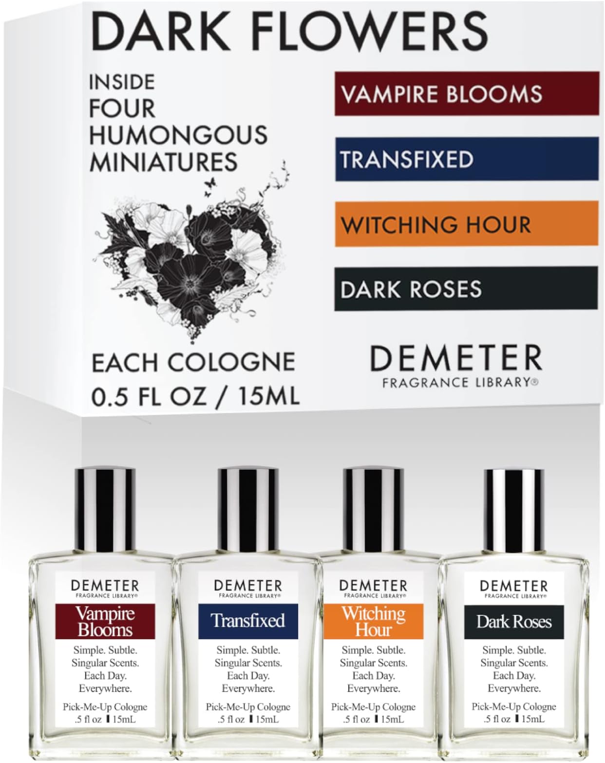 DEMETER Fragrance's Dark Flowers Humongous Miniature Set of 4 - Witching Hour - Dark Roses - Vampire Blooms - Transfixed - Perfume Sampler Set for Women