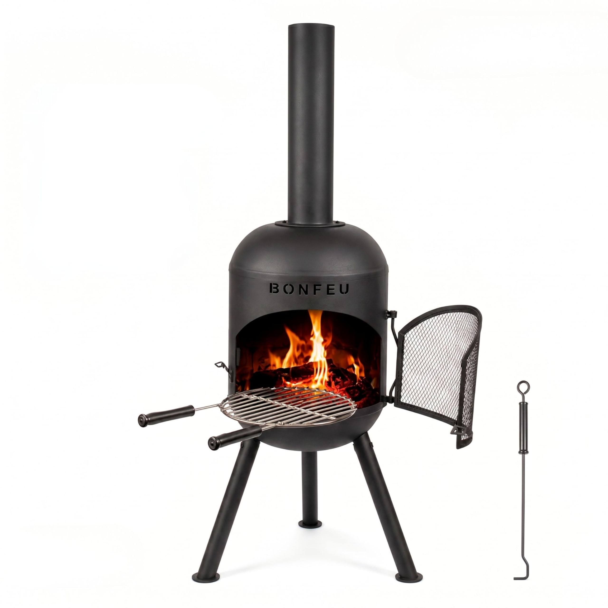 BonFeu BonSolo Terrassenofen Schwarz – Hochwertiger Gartenkamin mit BBQ-Grillfunktion, Ø 34 cm, H 124 cm – Robuster Outdoor-Kamin aus Stahl inkl. Grillrost und Schürhaken für Garten & Terrasse