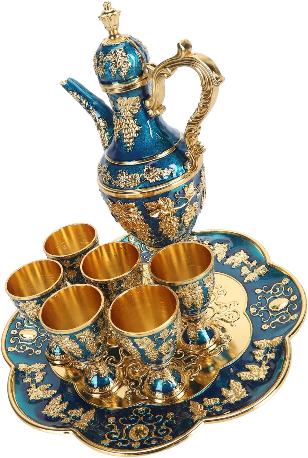 Focket Turkish Coffee Pot Set, Zinc Alloy Vintage Luxury Design Coffee Pot, Zinc Alloy Set with 6 Glasses and Tray for Parties Weddings Banquets (Golden Blue)