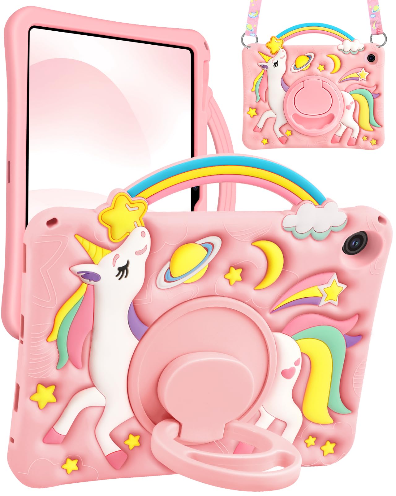 Boaretiu for Samsung Galaxy Tab A9 Plus Case - Cute Cartoon Unicorn Soft 3D Silicone Case with Strap & Rotating Stand for Girls Teens Tablet Cover for