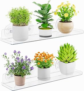 Lifewit 2-Pack Acrylic Suction Cup Floating Plant Shelves 14.6x3.6in - Window Sill Extender for Succulents, Herbs, Microgreens