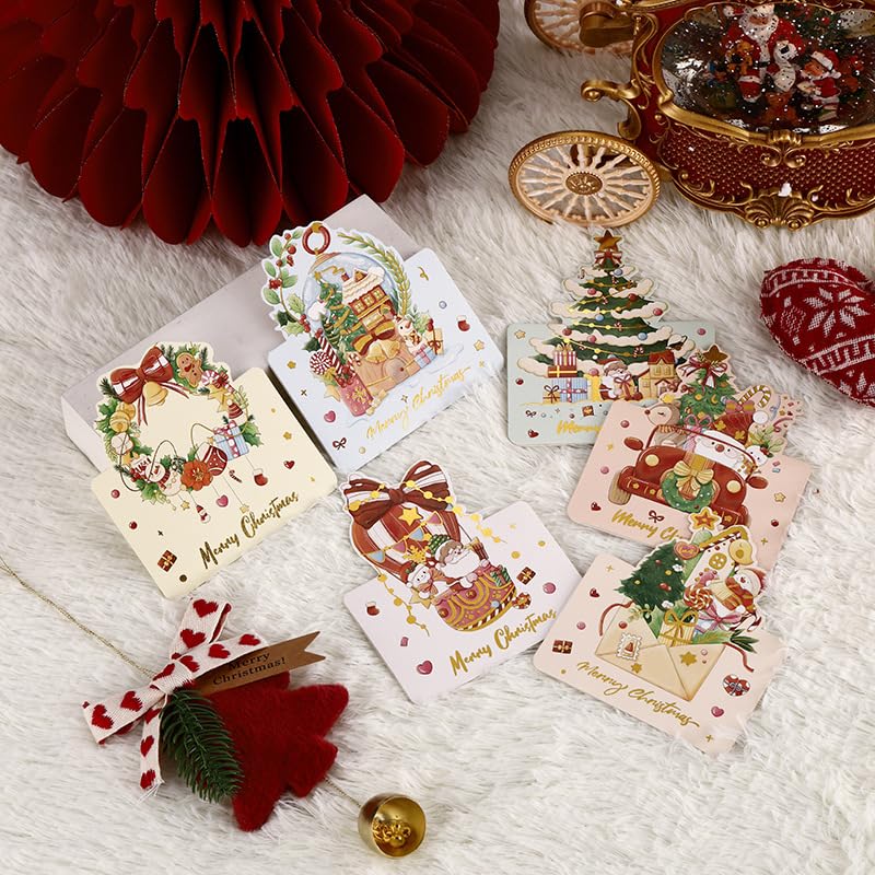Maytusai Christmas Greeting Cards Set 24 pack,6 Assorted Foldable 3D Christmas Greeting Cards, ins Style Christmas Greeting Cards with Cute Santa Snowman Wreath Pattern Decoration