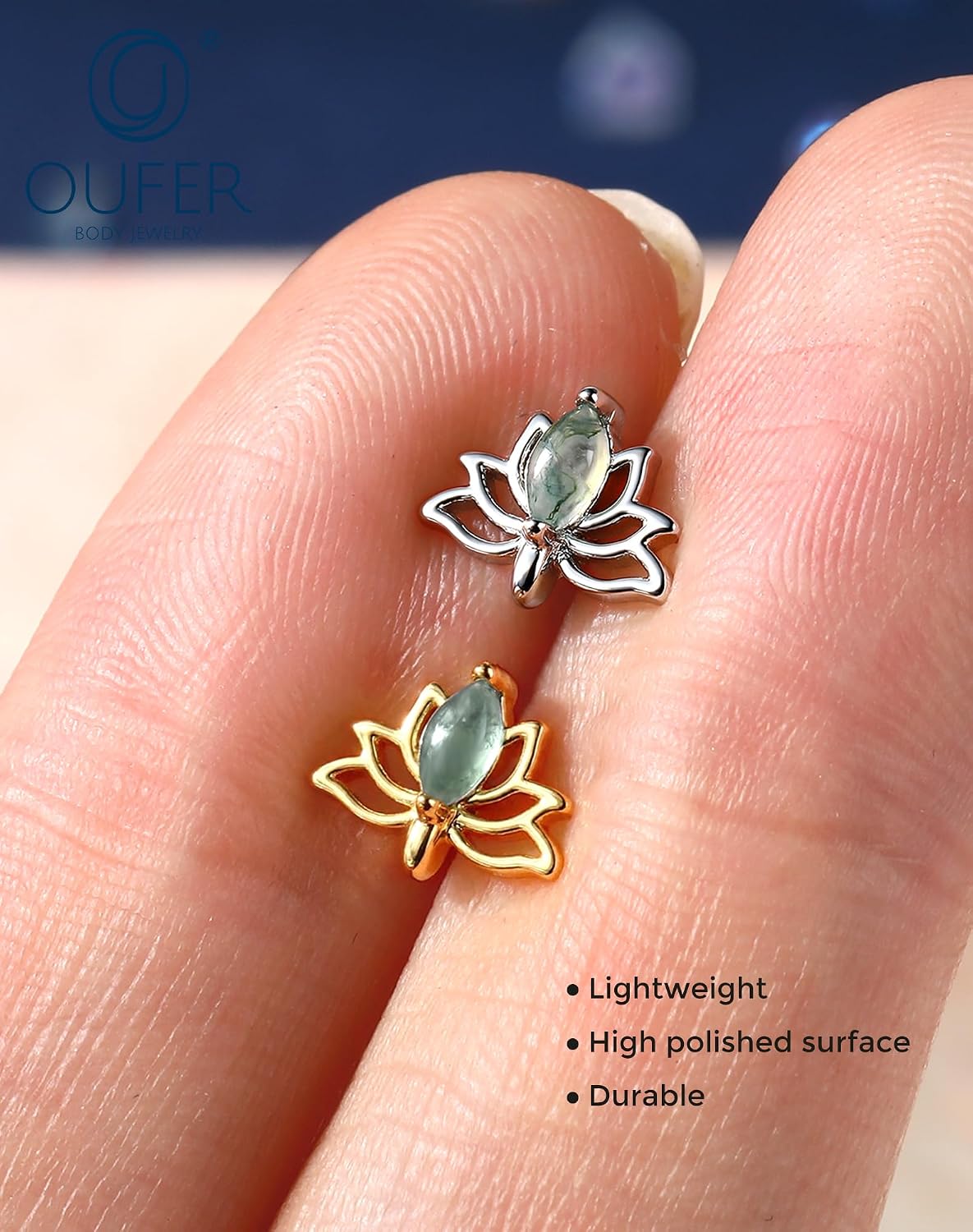 OUFER Body Piercing Lotus Helix Piercing Jewelry 18G Moss Agate Helix Earrings for Women Titanium Post Tragus Piercing Jewelry Thredless Conch Helix Tragus Stud Flat Back Cartilage Earring for Women