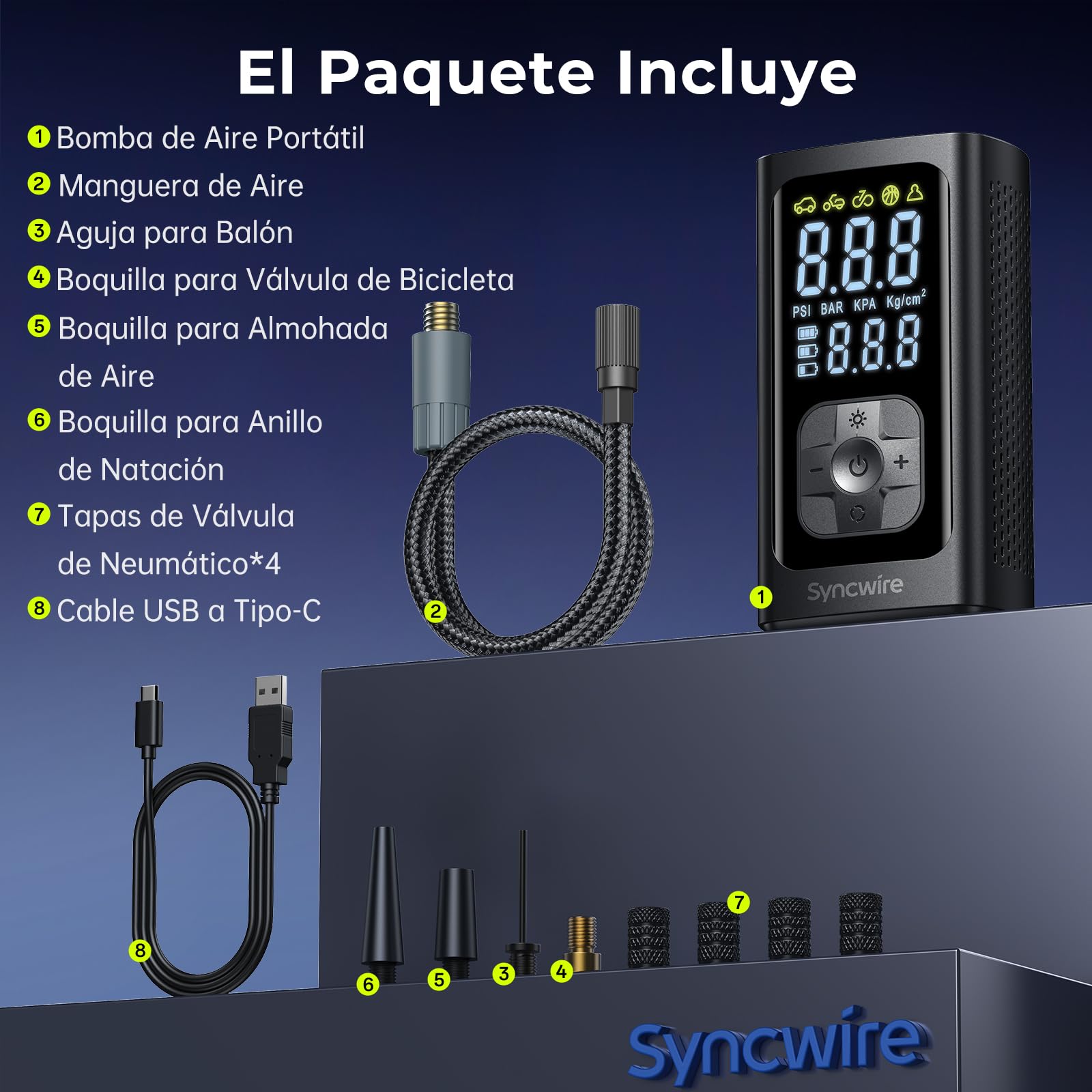 Syncwire Compresor Aire Portatil - 10.35Bar máx Inflador Electrico Compresor Aire Inflación Más rápido Bomba Aire para Coche, Motos, Bicicletas, Pelotas, con Tapas de Válvula de Neumáticos, LCD Grande