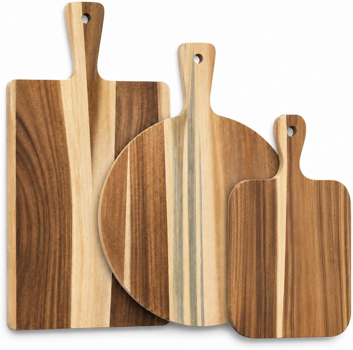 3 Pcs Acacia Wood Cutting Board Set with Handle, Wooden Cutting Boards for Kitchen, Wood Cutting Board Set for Serving Meat, Cheese, Bread, Vegetables, Fruit, Pizza, Acacia Wood Serving Boards