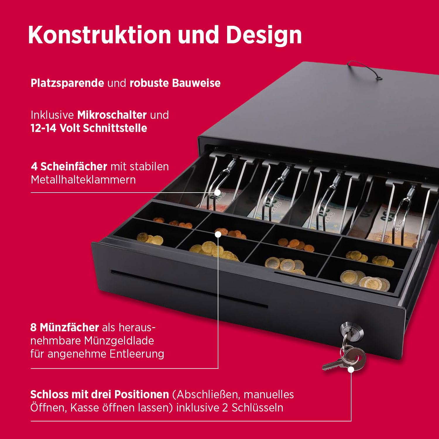 Olympia MD 335C Kassenschublade mit 4 Fächern für Banknoten und 8 für Münzen - Kassenlade mit RJ-12 12-24 Volt Anschluss unversell. Registrierkasse Solide Kassenschublade von 36,8 x 33,5 x 9,4 cm