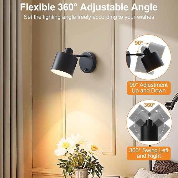 Black Wall Lights for Living Room, with Switch, Set of 2 [Energy Class F]