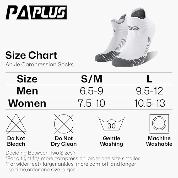 PAPLUS Ankle Compression Socks size chart showing S/M and L sizes: Men S/M US 6.5-9, L US 9.5-12; Women S/M US 7.5-10, L US 10.5-13. Includes pair of white low-cut socks, care icons (do not bleach, do not dry clean, gentle wash at 30°C, machine washable), and fit advice: order smaller for tighter fit/more compression, larger for wider feet/larger ankles/more comfort
