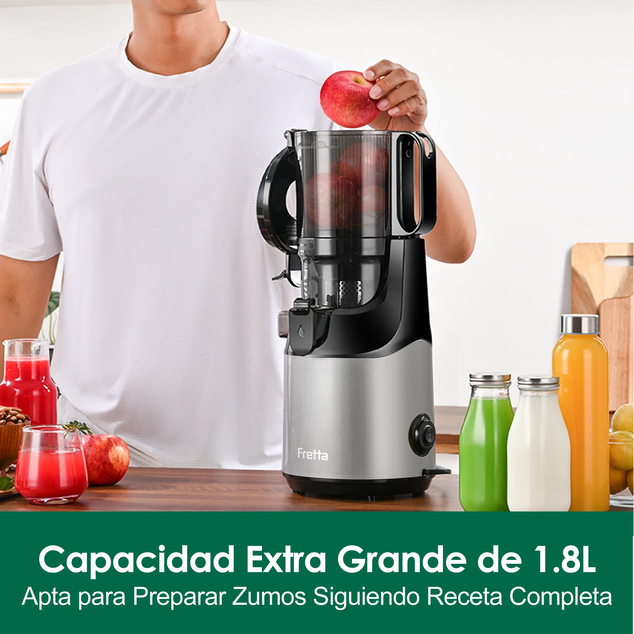 Fretta Extractor de Zumos y Verduras,Apertura de 135 MM y Capacidad de 1,8 L,Licuadora Prensado en Frio para Frutas y Verduras Enteras,250 W Juicer Machine, Sin BPA, Incluye 2 Vasos(Gris, 1, 8L)