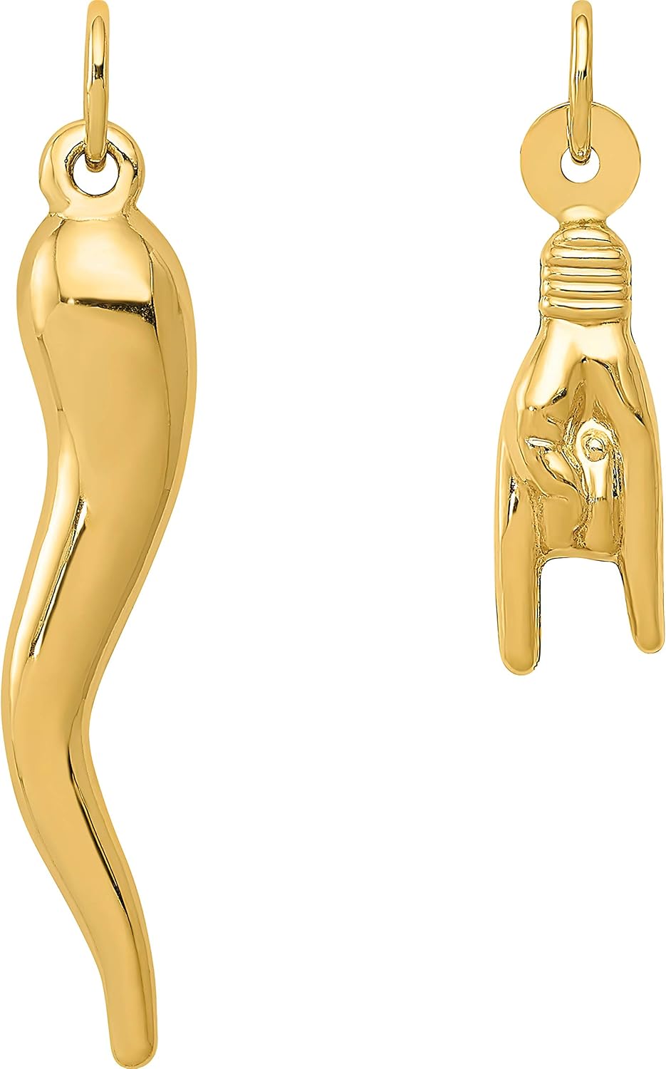 14K Yellow Gold Italian Horn & Mano Cornuto Italian Hand Sign Charms Kit 2 Pcs