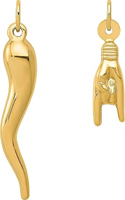 14K Yellow Gold Italian Horn & Mano Cornuto Italian Hand Sign Charms Kit 2 Pcs