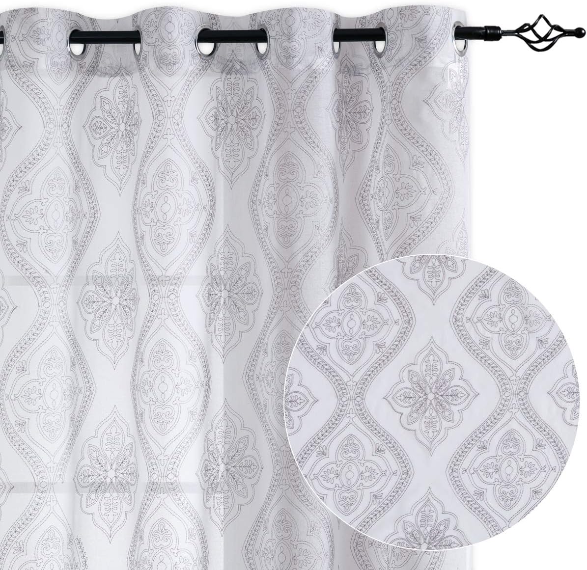 jinchan Sheer Curtains for Living Room Embroidered Grommet Top Voile Curtain Delicate Medallion Damask Pattern Leafy Drapery Light Filtering for Bedroom 2 Panels 50" W x 84" L Silver on Ivory