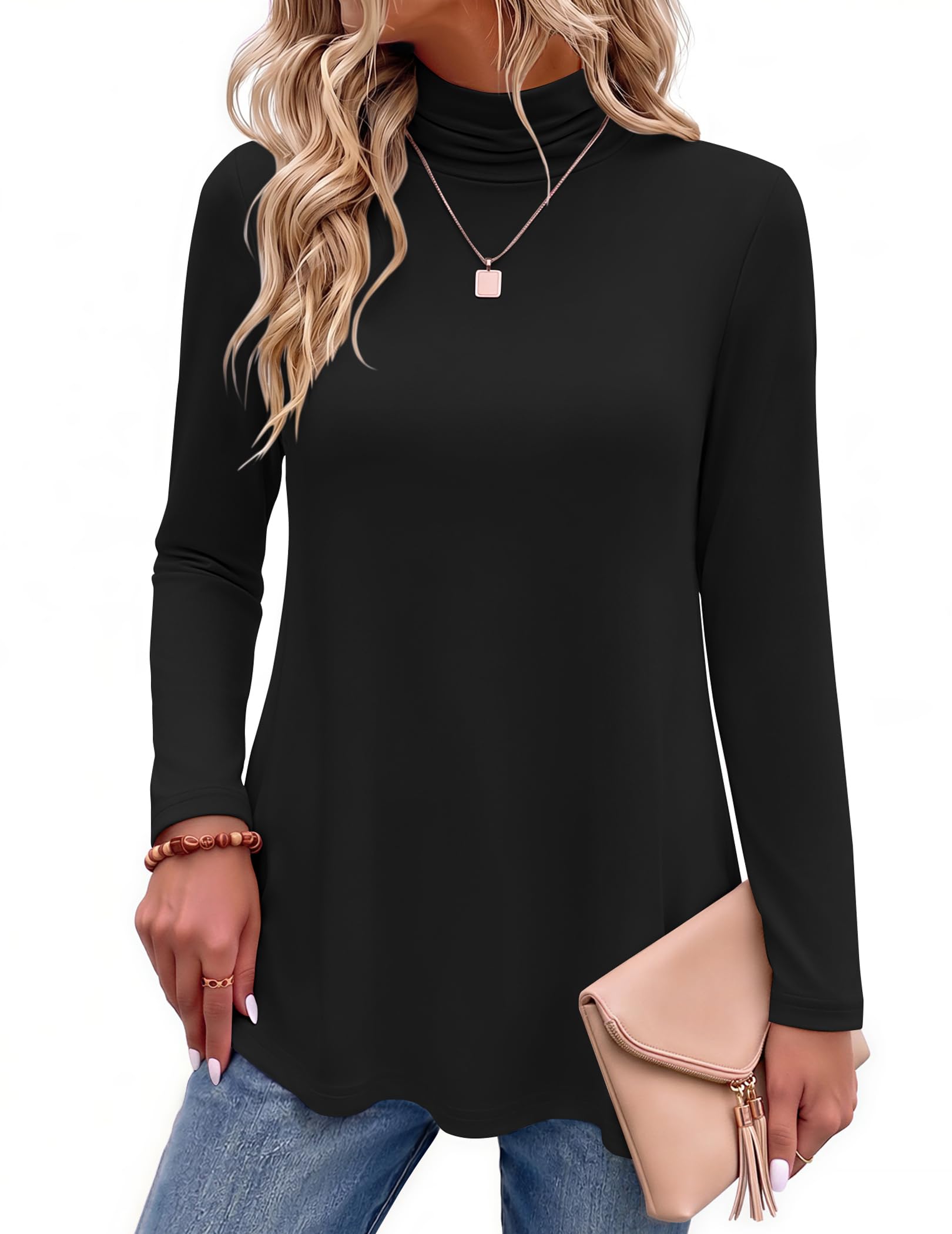 Zeagoo Long Sleeve Tops for Women Turtle Neck Tunic Loose Casual Black Tops